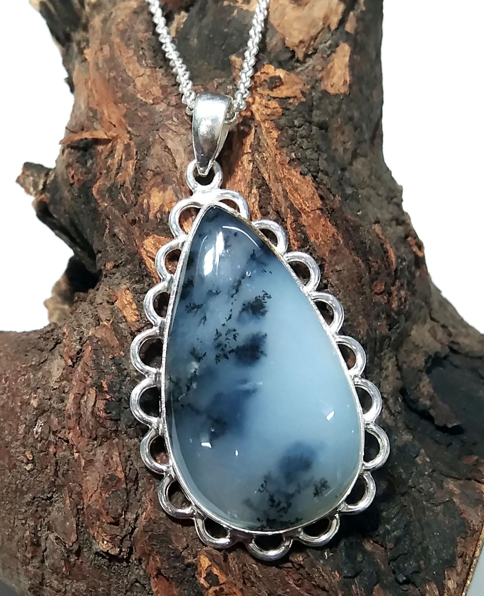 Amazing Design Dendrite Opal Gemstone Pendant, 925 Sterling Silver Pendant, Natural Dendrite Stone Pendant Chain Necklace ,For Girls & Women